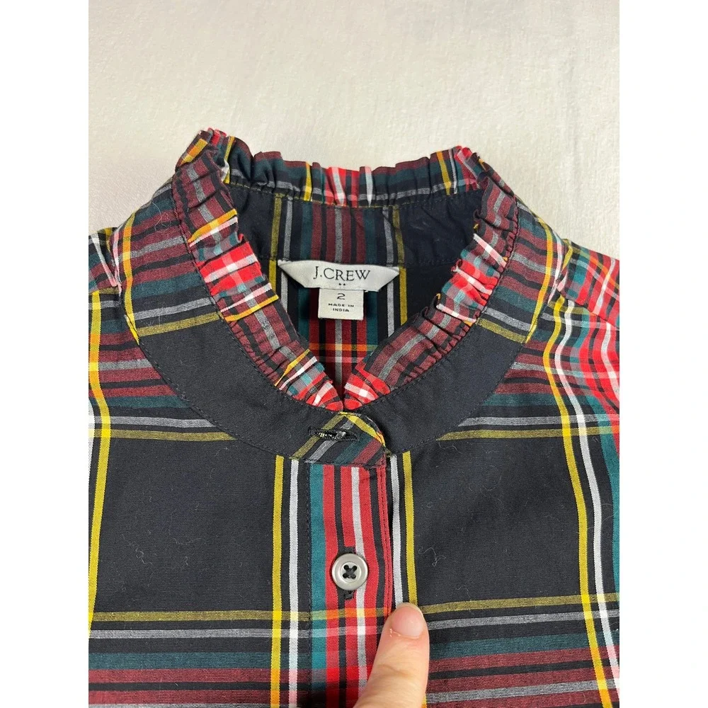 J.Crew Plaid Ruffle Collar Shirt Dress Black Red Stewart Tartan Belted 2